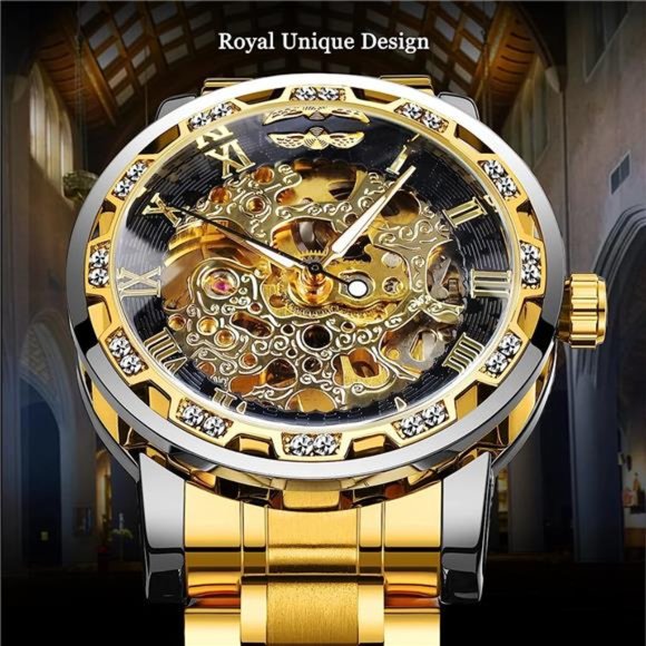 Retro Manual Mechanical Skeleton Watch with Diamond and Carving Flower, Gold 1 - Picture 4 of 6